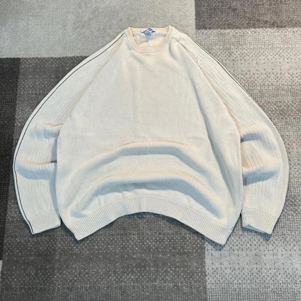 Old Navy Mens XL Vintage Cream Cotton Ribbed Knit Crewneck Sweater Beige 90s Y2K